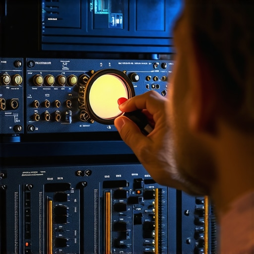 Person inspecting audio equipment internals with a magnifying glass, highlighting maintenance tools and techniques.