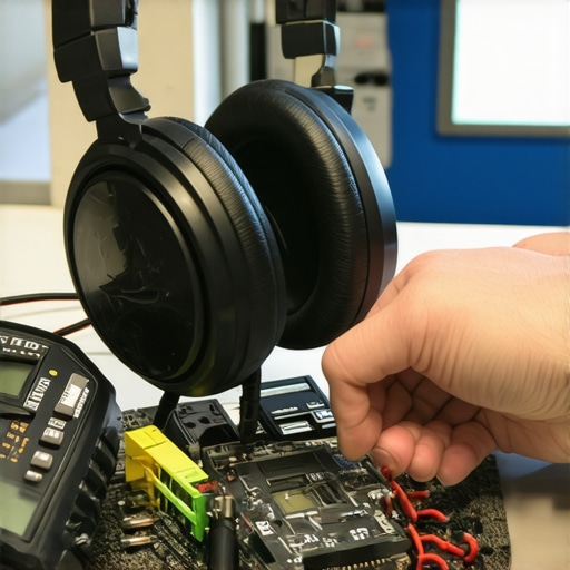 Close-up of multimeter testing a headphone driver for continuity and damage.