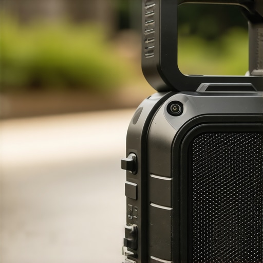 Close-up of a rugged portable Bluetooth speaker designed for outdoor use with waterproof and shockproof features.