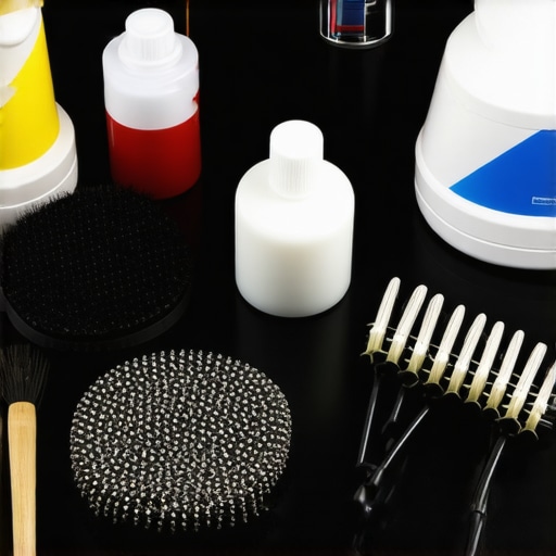 Close-up of a digital sound level meter, cleaning brushes, and cables arranged neatly for audio gear maintenance.