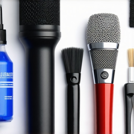 Collection of tools used for audio equipment care, including brushes, contact cleaners, and measurement devices.