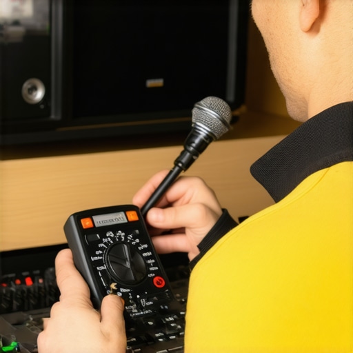Technician using multimeter and calibration microphone during setup