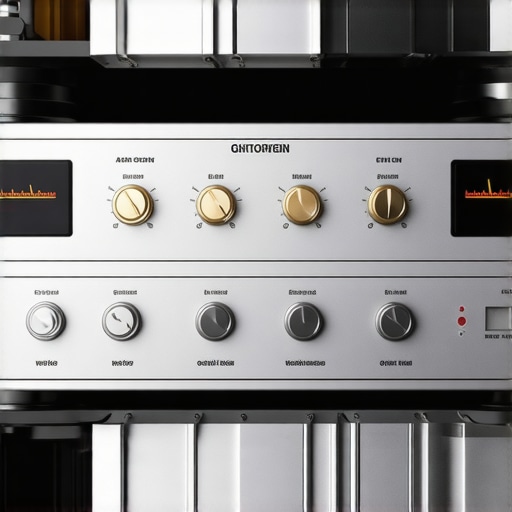 Close-up of modern audiophile amplifier showing power meters and controls