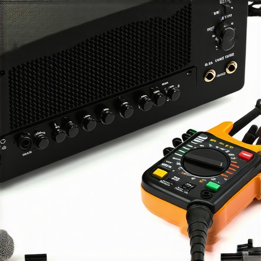 Home Audio Maintenance Tools Technician checking audio equipment with multimeter and calibration microphone for system upkeep.