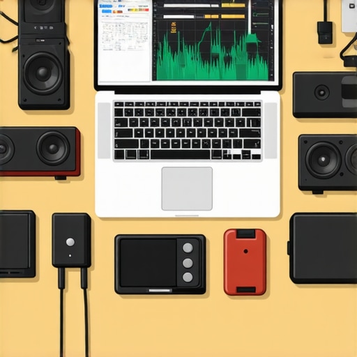 Set of audio maintenance tools including a multimeter, calibration microphone, sound level meter, and laptop for sound analysis.