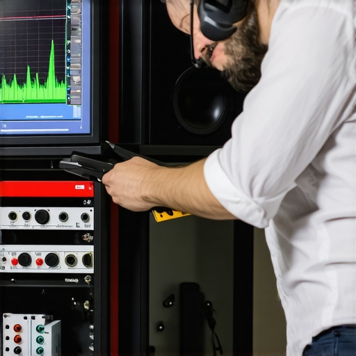 A person analyzing audio signals with a spectrum analyzer while cleaning speaker connections in a stylish home setup.