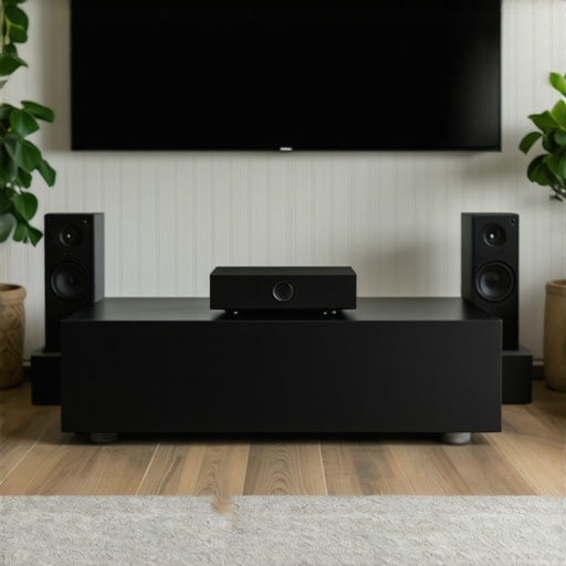 Home Audio System in a Living Room Stylish home audio setup with speakers, amplifier, and soundbar in a modern living room