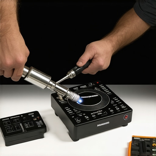 Home audio maintenance tools Person cleaning audio equipment with compressed air and using calibration tools.