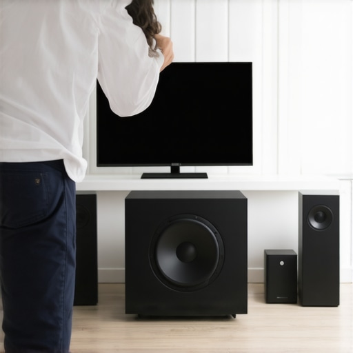 A modern living room with a TV, soundbar, bookshelf speakers, and a subwoofer for enhanced audio.