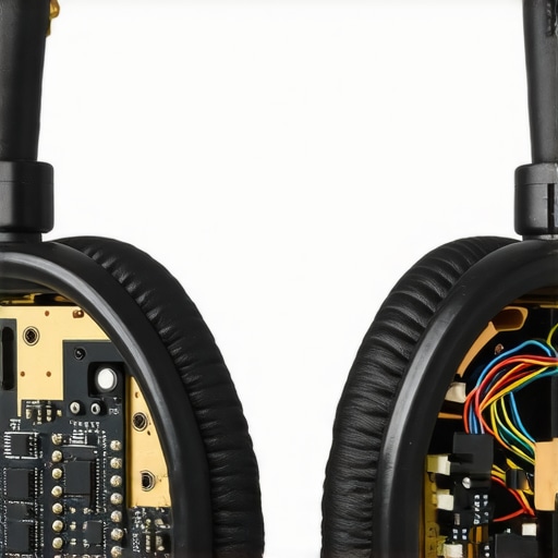 Detailed view of the internal cables and circuitry inside open headphones shown under magnification.