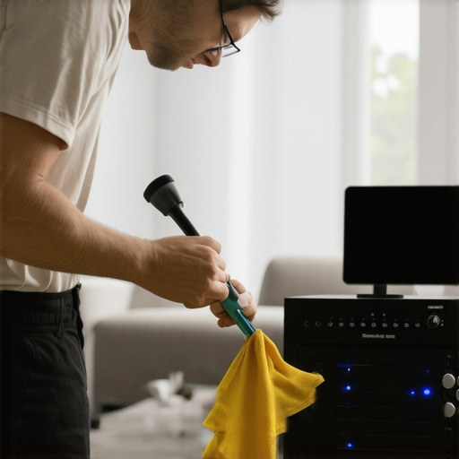 Maintaining Home Audio Equipment Person cleaning and inspecting home audio gear with tools in a cozy living room.