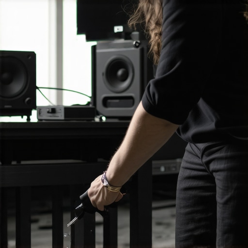Person calibrating speakers and cleaning headphones in a home audio setup.