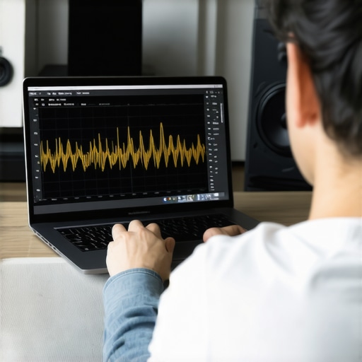 Person analyzing speaker performance using a digital audio analysis tool in a home setup.