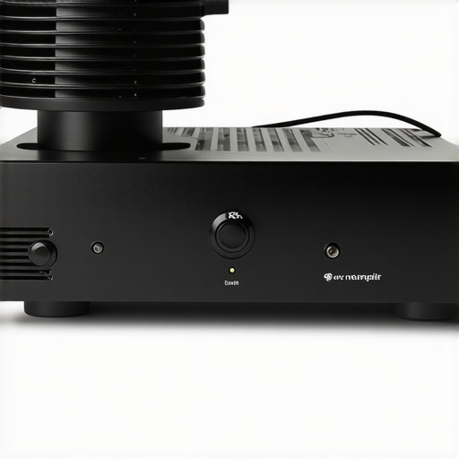 Close-up of a modern amplifier with cooling vents and a fan