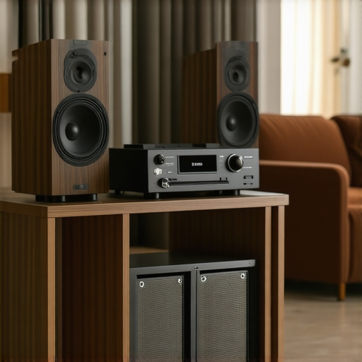 Optimal Bookshelf Speaker Placement in Living Room Bookshelf speakers positioned on stands at ear level, adjusted for optimal sound in a living room