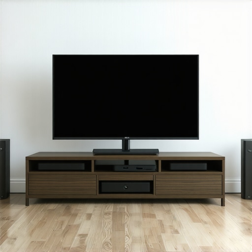 A living room showing the correct positioning of a soundbar below a TV on a TV stand, with no obstructions.
