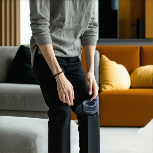Person positioning a Bluetooth speaker on a stand in a living room with acoustic treatments.