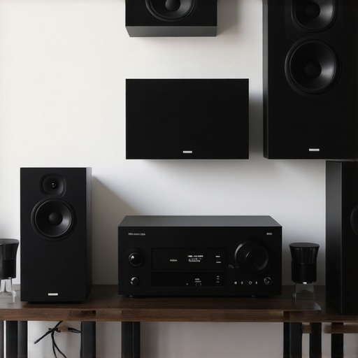 A well-designed home audio setup showing speakers, amplifier, and acoustic treatment in a cozy room.