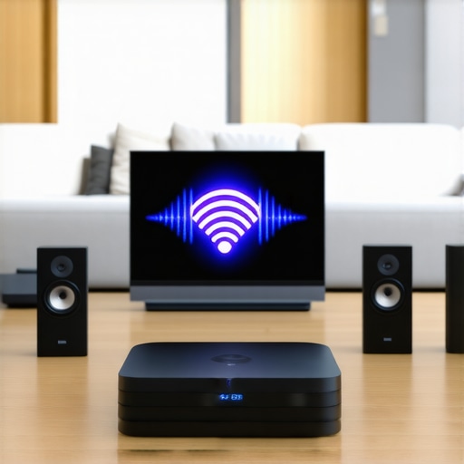 A living room with multiple speakers perfectly synchronized for seamless multi-room audio
