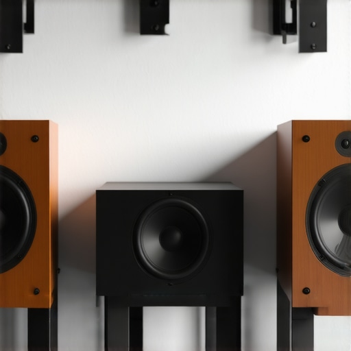 Small bookshelf speakers placed near walls with bass improvement accessories.