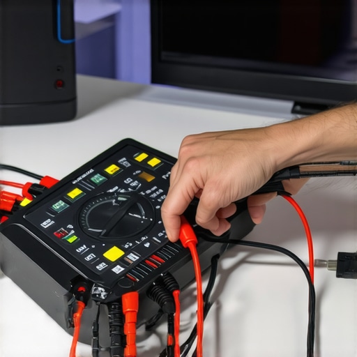 Precision Audio Maintenance Tools Person using a multimeter to test speaker wiring in a home audio system