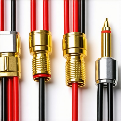 Close-up of premium copper speaker cables with gold-plated connectors.