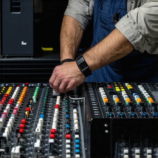Technician using a blower and microfiber cloth to clean high-end audio gear.