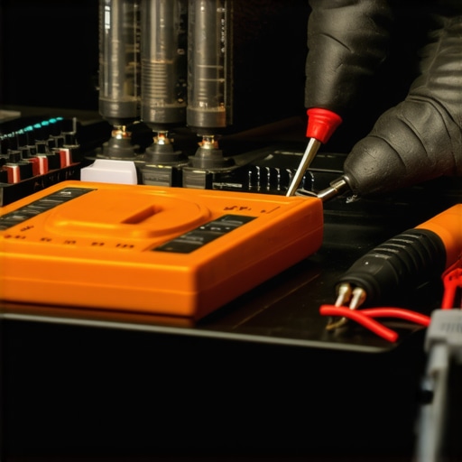 Professional maintenance of audio gear with tools Technician cleaning and testing audio equipment with multimeter and contact cleaner