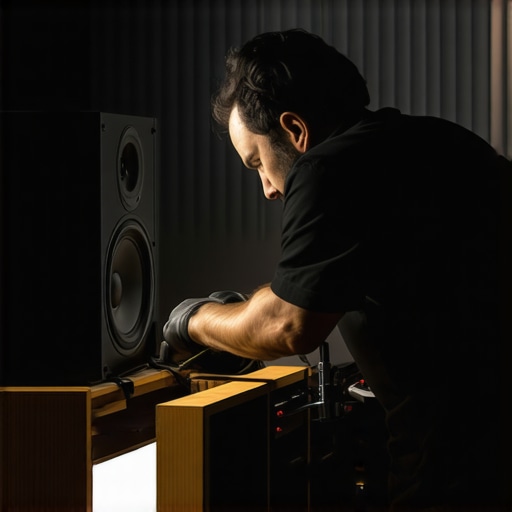 Professional speaker maintenance Technician carefully cleaning speakers with brushes and contact cleaner in a home studio.