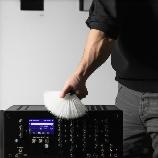 Technician carefully cleaning vintage amplifier components with soft brush and compressed air.