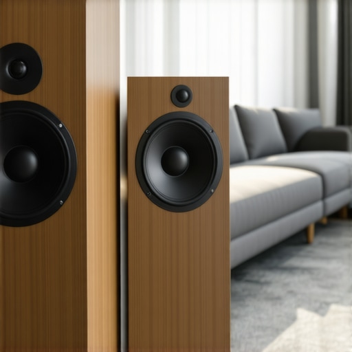 Bookshelf speakers mounted on rubber isolation pads to improve sound clarity.