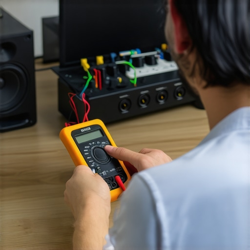 Person testing audio wiring with a multimeter to ensure system reliability.