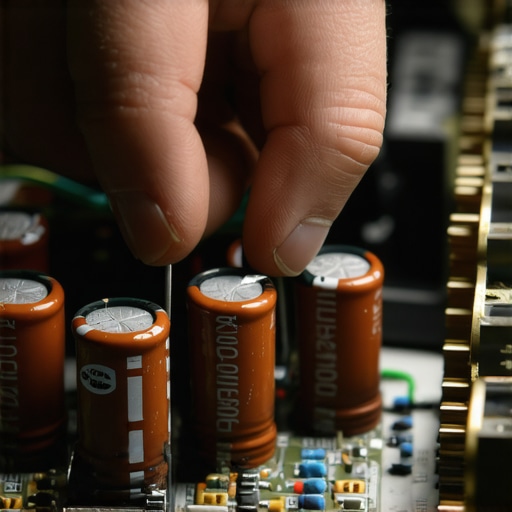 A technician carefully replacing capacitors inside a vintage audio amplifier to reduce startup noise.