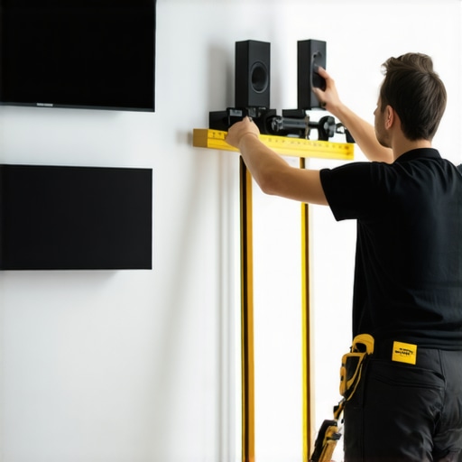Person mounting surround sound speakers at ear height in a contemporary living room.