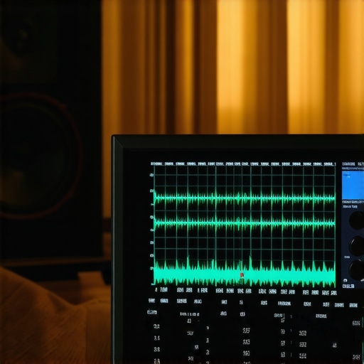 A professional spectrum analyzer displaying audio frequency graphs connected to home speakers.