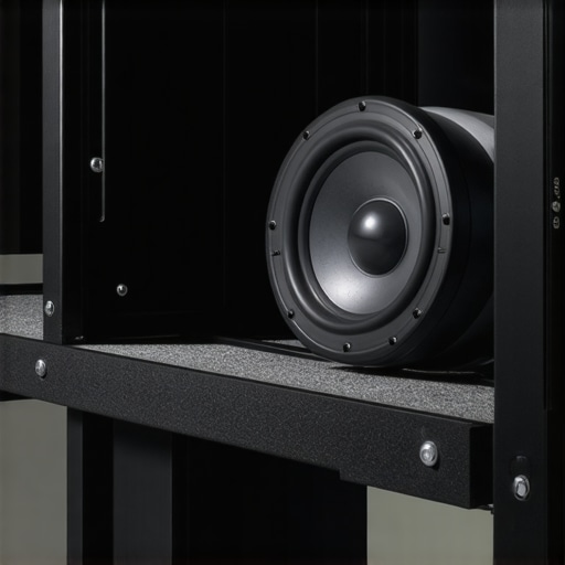 A subwoofer placed on an isolation pad with visible damping material inside the cabinet