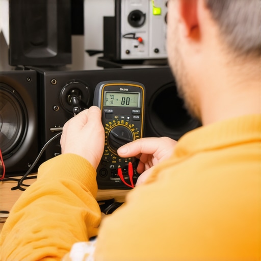 Person using a multimeter to check speaker wiring in a home audio system.