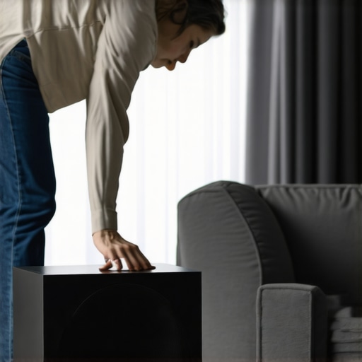 Person adjusting subwoofer position in a living room for best bass response