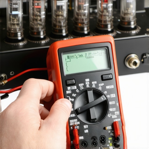 Tools for Audio Maintenance A person using a multimeter to test a vintage tube amplifier's bias