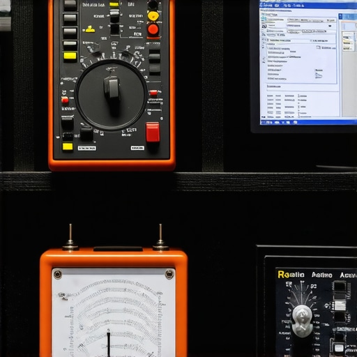 Tools for Maintaining High-Quality Home Audio Professional audio maintenance tools laid out on a workbench, including a multimeter, SPL meter, and a laptop displaying room acoustic analysis software.