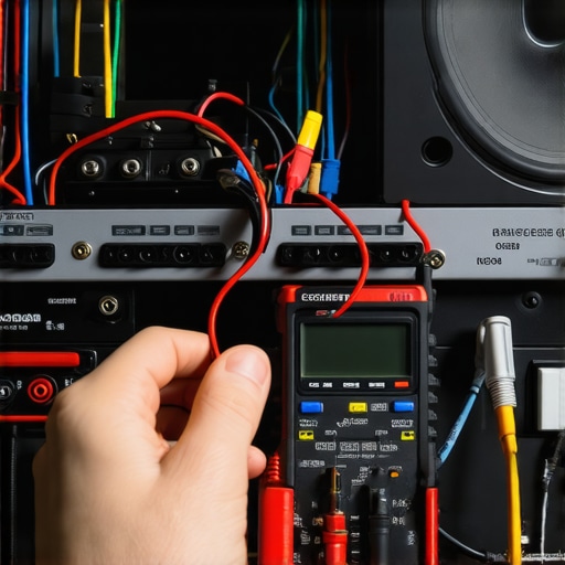 Using a Multimeter for Speaker Maintenance Person testing audio speaker wiring with a multimeter in a home audio environment.
