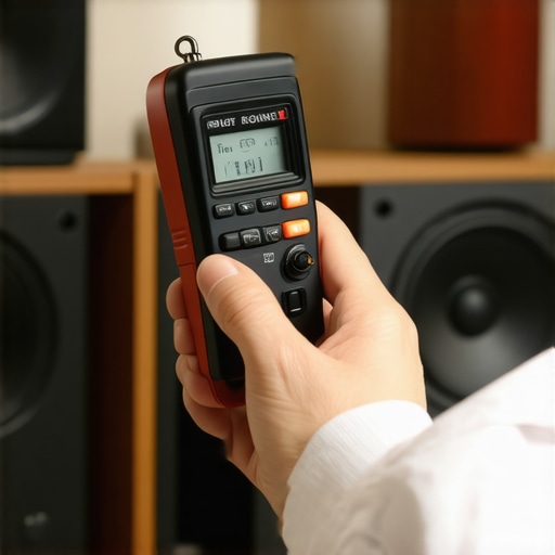Using a sound level meter for calibration A person measuring audio levels in a home theater setup with a professional sound level meter