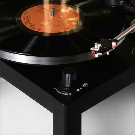 Vinyl Turntable with Isolation Pads Close-up of a vinyl turntable on an isolated stand with rubber pads reducing vibrations.