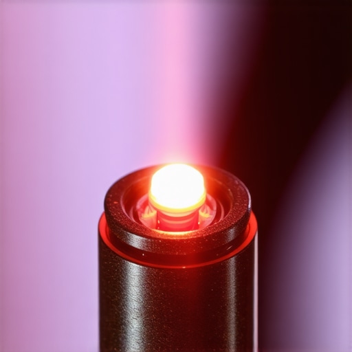 Close up of a Toslink optical cable tip emitting a red light signal