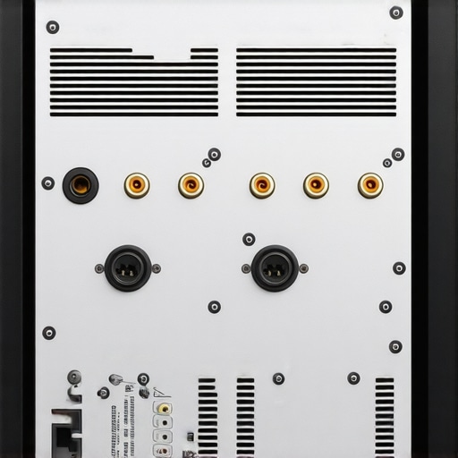 Close up of AV receiver back panel showing cables and cooling vents.