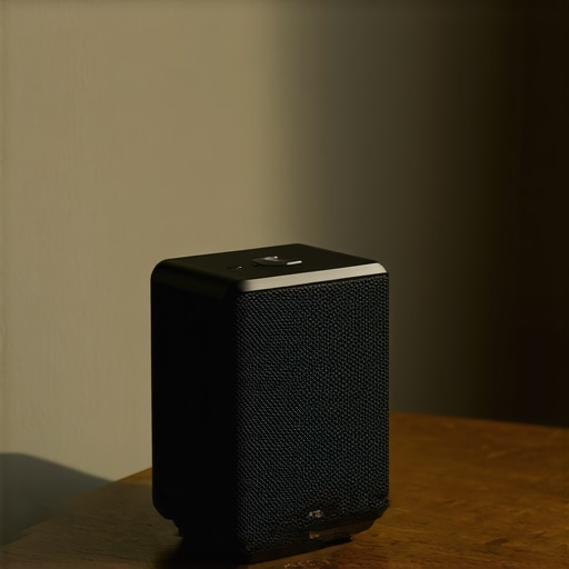 A portable speaker placed on a wooden table near a wall to enhance bass resonance