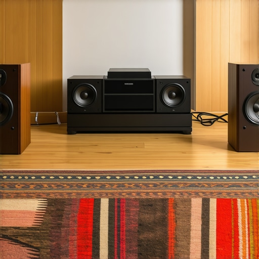 A decorative rug placed in front of speakers to improve home audio acoustics.