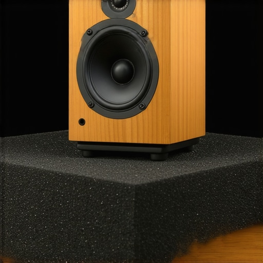 Close up of a speaker on isolation foam to prevent desk vibration