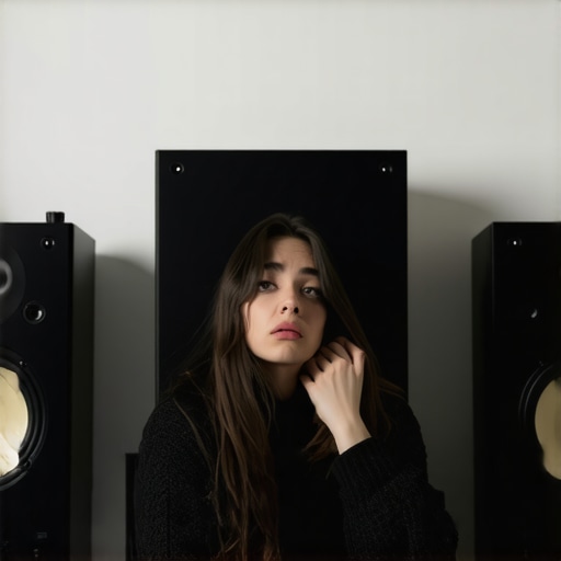 Acoustic reflections affecting high-end speaker performance Man looking puzzled at expensive speakers in a room with bare walls and glass surfaces