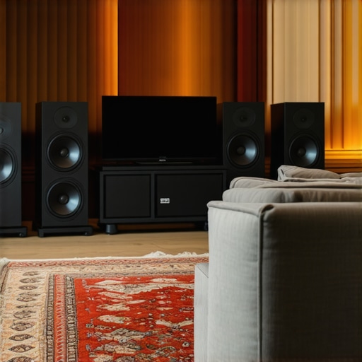 A well-treated listening room featuring a rug and properly spaced floorstanding speakers to improve audio quality.